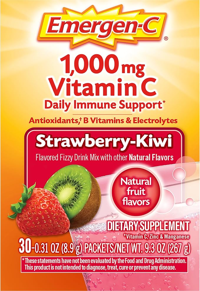 Emergen-C 1000mg Vitamin C Immune Support Powder Strawberry Kiwi 30CT Includes Zinc, Manganese, 7 B Vitamins and Electrolytes for Back to School Essentials (Pack of 12)
