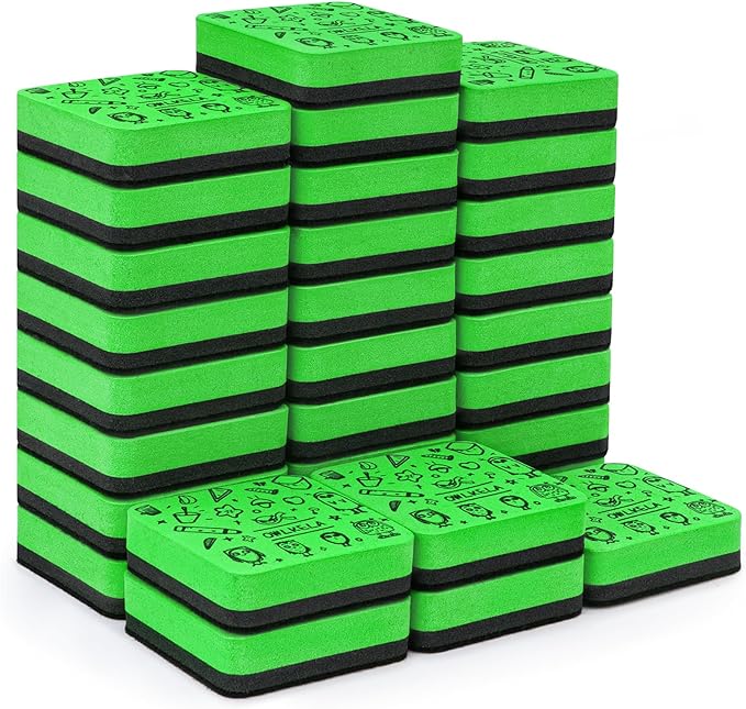 OWLKELA 30Pcs Dry Erase Erasers, Magnetic Whiteboard Eraser, Mini Whiteboard Cleaning Pads for Classroom, Office and Home, Green