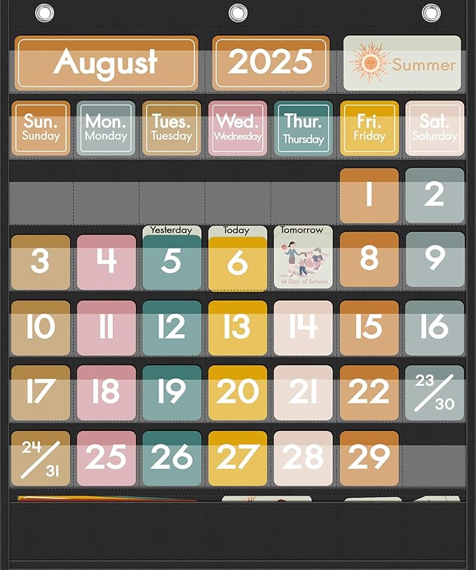 48 Pockets Classroom Calendar for Kids Learning, Pocket Chart Calendar Decor with Special Educational Cards, Teacher and Classroom Must Have Supplies, Boho