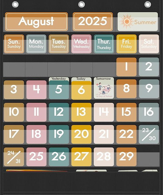 48 Pockets Classroom Calendar for Kids Learning, Pocket Chart Calendar Decor with Special Educational Cards, Teacher and Classroom Must Have Supplies, Boho