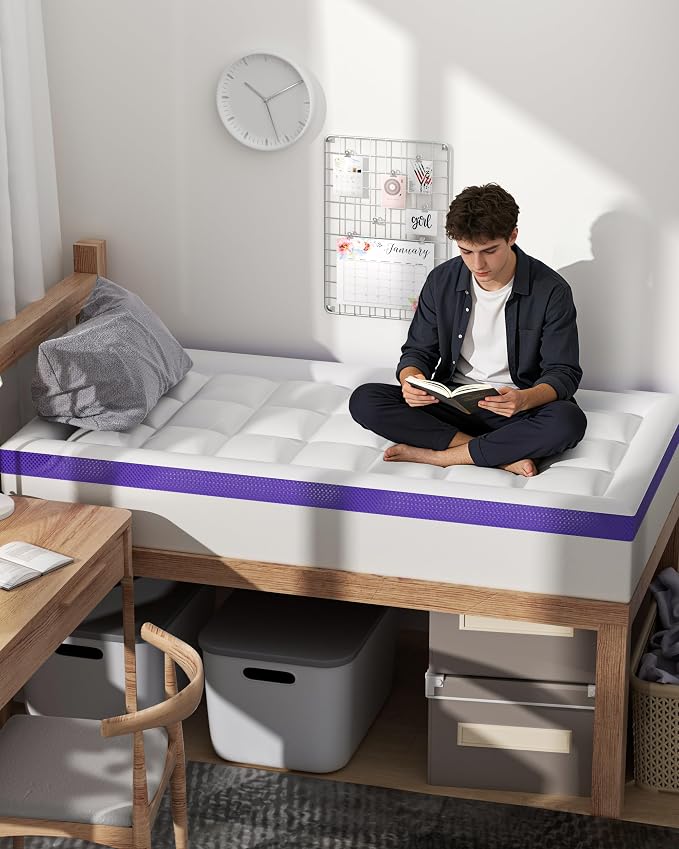 Dorm Room Essentials Dual Layer 4 Inch Memory Foam Mattress Topper Full XL | 2 Inch Gel Memory Foam and 2 Inch Pillow Top Mattress Pad for Back to School , 7-Zone Egg Crate & 2-in-1 Design (White)