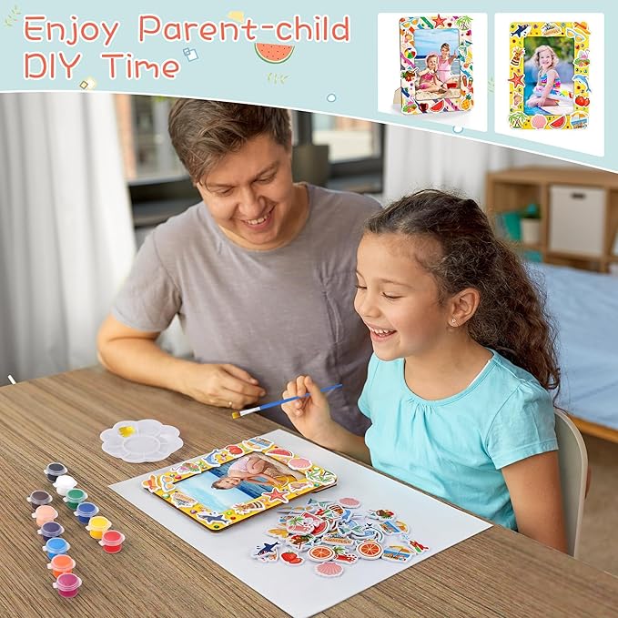 Fovths 6 Packs Summer Picture Frame Painting Craft Kit with 50 Stickers Rhinestone Stickers Painting Tools Set 2 Brushes for DIY Kids Crafts Decorate