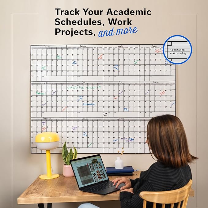Yearly Large Dry Erase Calendar for Wall 36x48, 12 Office Annual, Erasable Month, Rolled Whiteboard White Board, Year Calendar Planner Giant Family for Dry Undated Classroom Erase Wall Reusable
