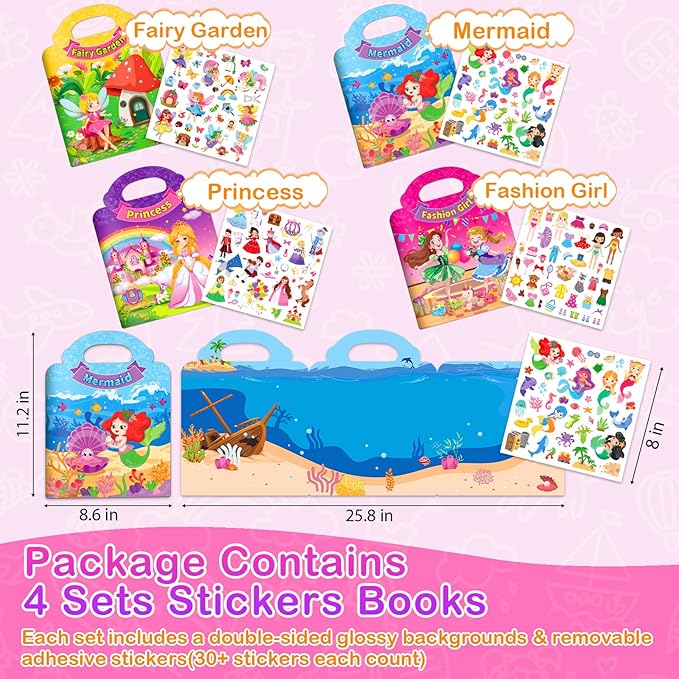 4 Sets Reusable Sticker Books for Toddler 1-3, Dress Up Stickers Book for Girls 2-4, Arts Crafts Jelly Stickers Travel Toys, Holiday Birthday Gifts Easter Basket Stuffers, Mermaid and Fairy Tale
