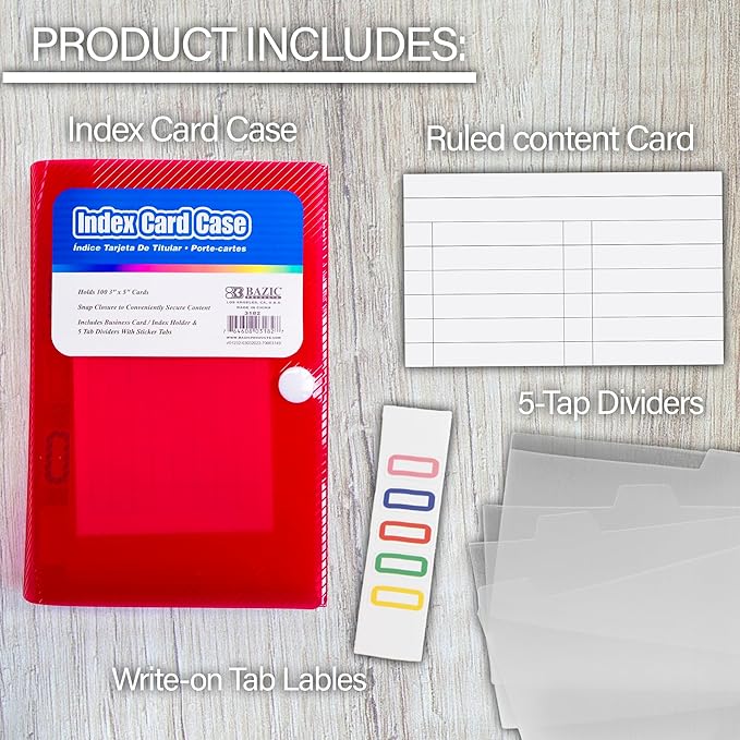 BAZIC PRODUCTS Index Card Case with 5 Tab Dividers – Durable Plastic 3"x5" Flash Card Organizer and Storage Holder, 100-Card Capacity, Ideal for School, Office, and Study Use, 36-Pack