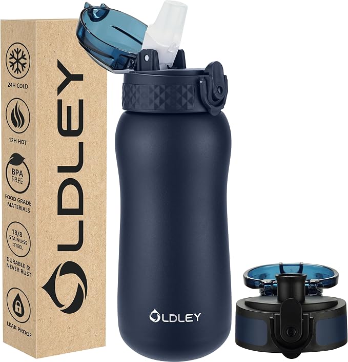 Oldley Insulated Water Bottle 12oz Water Bottles with Straw, Stainless Steel Water Bottle with 2 Lids, Double Wall Vacuum Bottels for Adults Kids,Leak-Proof Sport Bottles for School Travel, Navy Blue