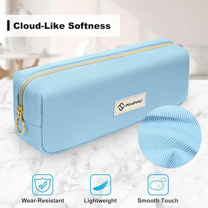 FINPAC Pencil Case, Corduroy Aesthetic Makeup Bag, Cute Kawaii Pen Bag Pouch Holder Box Organize for Study, Office, or Travel (Ocean Blue)