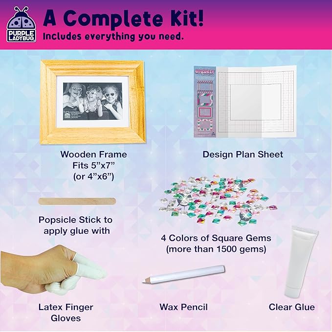 PURPLE LADYBUG Kids Picture Frame Mosaic Kit with Sparkly Gems - Fun Arts & Crafts for Girls 8-12 6-8, Great Gifts for Birthday for 6 7 8 9 10 11 12 Girls - Ideal for Sleepovers, Playdates
