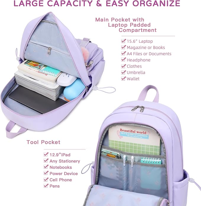 Laptop Backpack 15.6 Inch Kids Elementary Middle High School Bag College Backpacks Anti Theft Travel Back Pack Large Bookbags for Teens Girls Women Students (Purple)