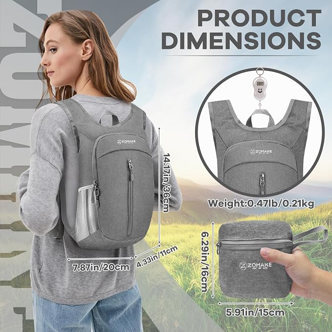 ZOMAKE 10L Ultra Lightweight Packable Backpack, Small Daypack Light Foldable Backpacks Water Resistant Day Bag for Hiking(Grey) | Water Resistant Collapsible Backpacks for Women Men, Everyday Carry, Multi Compartment Storage, Adjustable Strap(Grey A1)