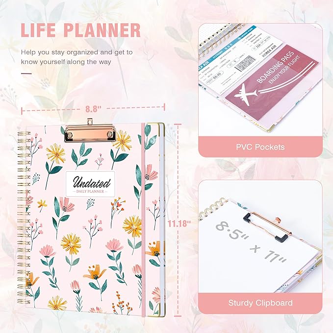 Ospelelf Undated Spiral Bound Planner 2026 Daily, Weekly and Monthly Planners, Pink Teacher Planner 12 Month 8.5 x 11