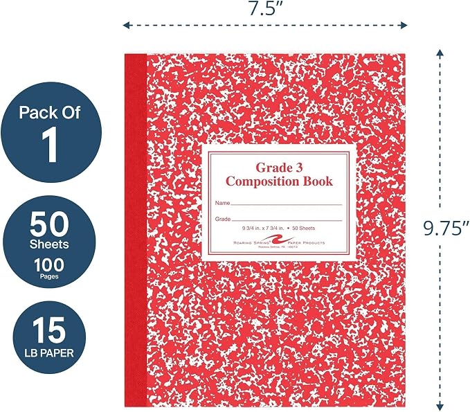 Roaring Spring Paper Products Composition Book, Grade 3 Ruled, 50 Sheets, 9-3/4 x 7-3/4 Inches, Red (ROA77922)
