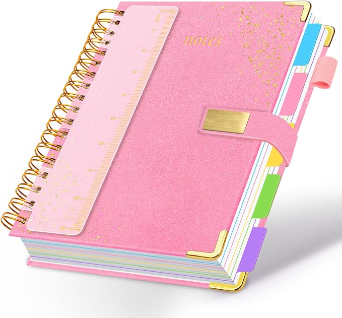 Spiral Notebook Journal 8''x 10'' 5 Subject Notebook with Dividers, 300 Pages Notebook College Ruled with Magnetic Closure, B5 Tabbed Notebooks for Work School, Sparkle Journal for Women (Pink)