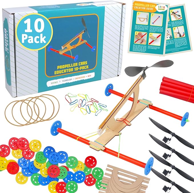 Rubber Band Propeller Car Kit, 10-Pack – Build 10 Rubber Band Propeller Cars, Complete STEM Engineering Project Kit for Classrooms, Ages 8+