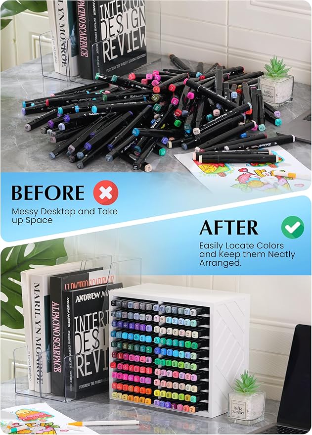 Bamboo Marker Organizer for Desk, Marker Storage Organizer for 140 Markers，Pens, Pencils and Art Brushes，Wooden marker holder for Home, Classroom and Office Decor, White