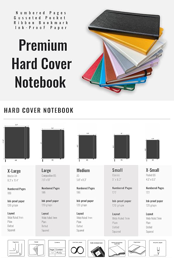 Minimalism Art, Premium Hard Cover Notebook Journal, Medium Size, A5 5.8" x 8.3", 186 Numbered Pages, Gusseted Pocket, Ribbon Bookmark, Extra Thick Ink-Proof Paper 120gsm (Dotted, Black)