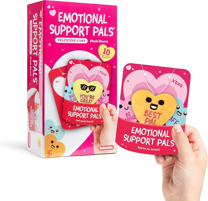 Emotional Support V-Day Heart Cards by Relatable - The Cute Classroom Valentines for Kids, Friendship Gifts, or Gifts for Girlfriend - Includes 10 Plushies with 10 Cards