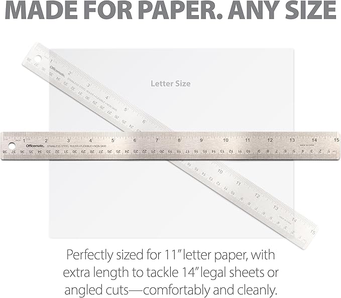 Officemate Classic Stainless Steel Metal Ruler, 15 inches with Metric Measurements, Silver, 15 L x 1.25 W (66612)