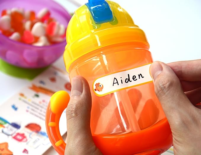Baby Bottle & Daycare Name Labels, Self-Laminating Waterproof Stickers for Kids Stuff, Dishwasher Safe Write-On Name Tags for School & Home, Assorted Sizes & Colors, Pack of 64