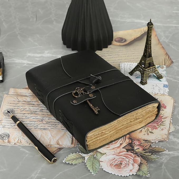Leather Journal with Deckle Edge Paper 8x6 inch and Vintage Key | Handmade Writing Notebook Diary | Bound Daily Notepad for Men & Women Medium, Sketch/Writing pad for Artists