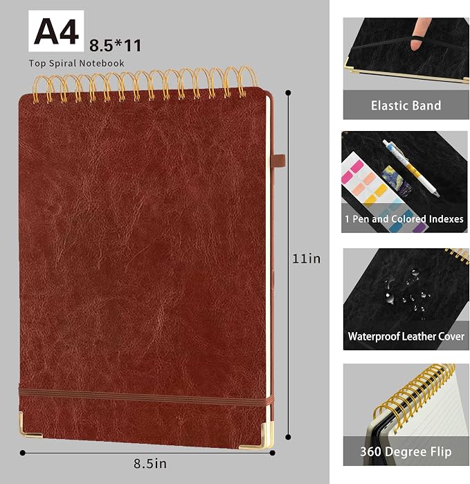 Top Spiral Notebook 8.5x11, A4 Large Leather Hardcover Top Bound Steno Pads, 240 Pages 100gsm Thick Lined Paper,Wide Ruled,Left Handed Notebook Journal for Work, School - Brown