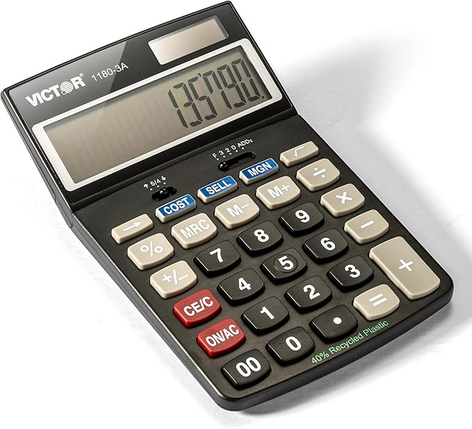 Victor 1180-3A 12-Digit Standard Function Calculator, Battery and Solar Hybrid Powered Adjustable Angle LCD Display, Great For Home and Office Desks, Black