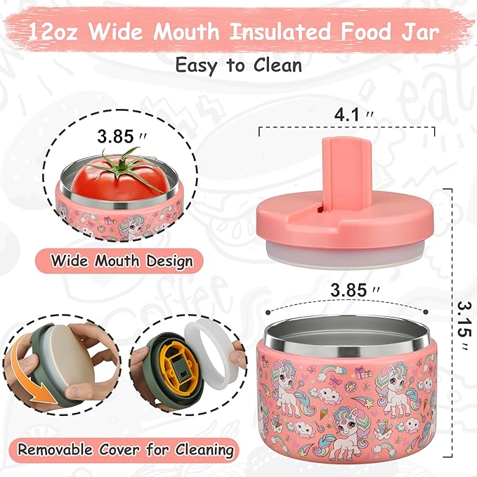 Pawtong 12oz Insulated Vacuum Food Jar with Buckle Lid Wide Mouth Soup Thermo for Hot Food Kids Leakproof Stainless Steel Lunch Container (Pink-Horse)