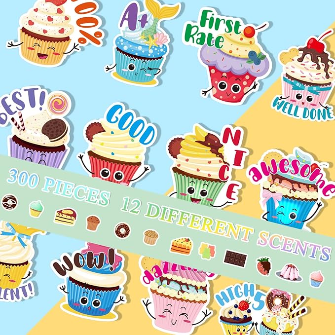Jetec 300 Pcs Scratch and Sniff Sticker for Kids Smelly Scented Motivational Reward Stickers Teacher Incentive Positive Decal for Student Classroom Chart School Supplies(Dessert)