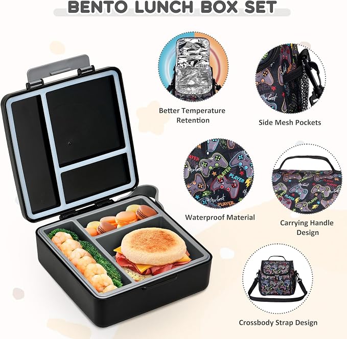Pawtong Lunch Box Set with Bento Box Container, 17OZ Stainless Steel Food Soup Thermo, Kids Water Bottle & Portable Insulated Lunch Bag – Leakproof, Hot/Cold Retention for School, Travel (Black-Game)