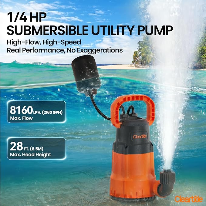 Submersible Utility Pump with Float Switch, 2160 GPH High Flow, Water Pump with Copper Motor, Ideal for Yard and Flooded Cellar, Hot Tub, Garden Irrigation