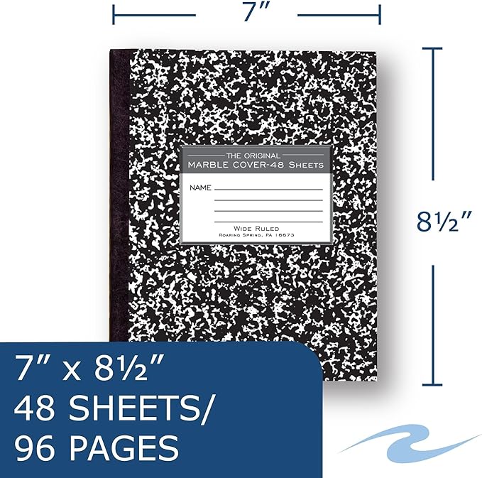 ROARING SPRING Flexible Cover Composition Notebook, 12 Books, Black Marble, Wide Ruled w/Margin, 48 Sheets (96 Pages), 8.5" × 7", Center-Sewn, Made in USA