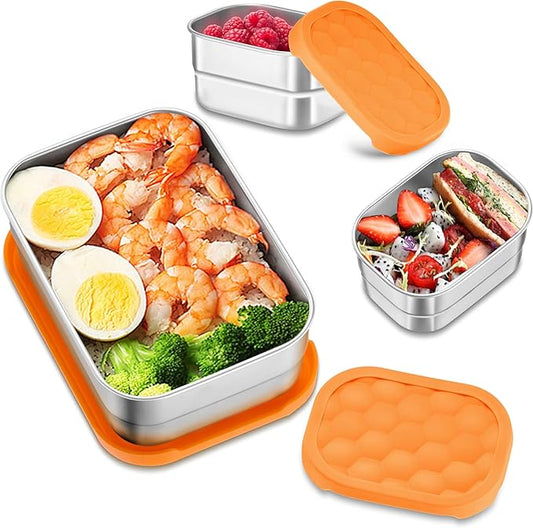 HaWare 8oz*2+25oz Stainless Steel Lunch Containers, Leak Proof Food Storage Snack Containers with Silicone Lids, Portable Sandwich Containers, Easy Open Bento Lunch Box for School Daycare