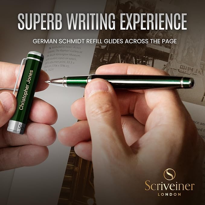 Scriveiner Personalized British Racing Green Rollerball Pen - Stunning Green Lacquer Luxury Pen with Chrome Finish, Schmidt Ink Refill, Engraved Roller Ball Gift Set for Men & Women, Custom Engraving