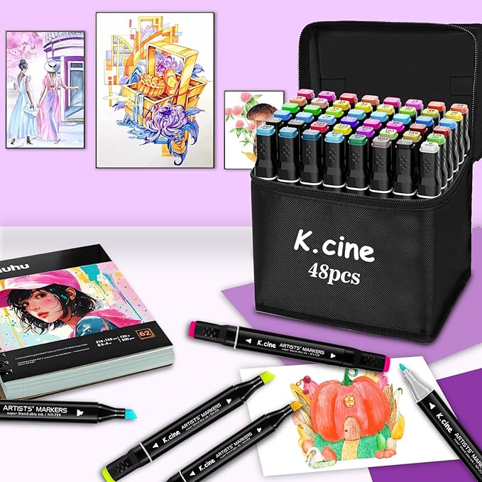 48 Colors Alcohol Markers, Dual Tip Art Markers with Fine Tip & Chisel Tips, Artist Art Sketch for Adults Coloring Illustration Book Painting Card Making