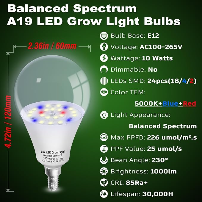 Full Spectrum Grow Light Bulbs for Indoor Plants E12 Candelabra Base | Grow LED Light Bulb 10W with Balanced Spectrum 5000K Blue Red for Seeds Greens Laboratory,School,Greenhouse Garden,6Pcs