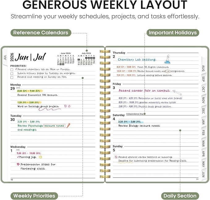 Planner 2026-2027, 8.5" x 11" Weekly and Monthly Academic Year Planner Calendar, July 2026 - June 2027, Hardcover Large School Planning Agenda With Tabs, Perfect for School & Office Supplies, A4, Green