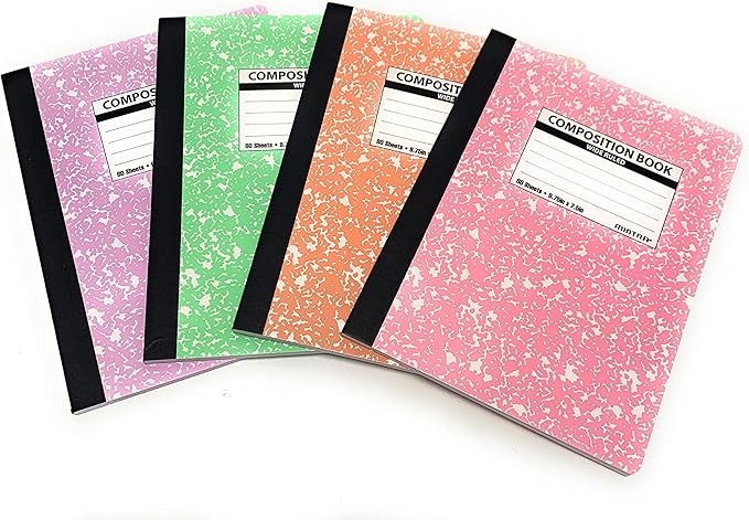 Mintra Office Composition Books - Sturdy Flexible Cover (4 Pack, Pastel Marble Comp - Wide Ruled)