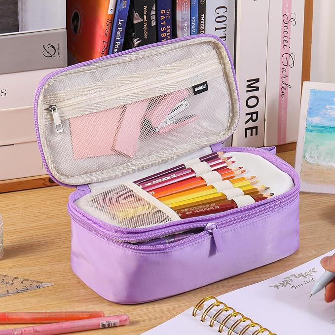 Extra Large Pencil Case,Big Capacity Pencil Pouch,Personalized Initial Pencil Bag with smooth zipper,Multiple Pockets,Cute Aesthetic Stationery Pen Case Bag for Teen Girls College (Pink, E)