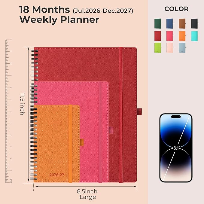 Planner 2026-2027 Daily Weekly and Monthly,11.5"x8.5",18 Months Spiral Bound Calendar Agenda with Self-adhesive Pen Holder,2026 Academic Plan with Vegan Leather Soft Cover,Red