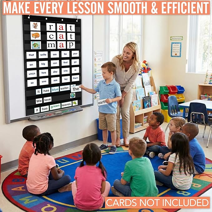 Pocket Chart for Classroom - Large Black 10 Pocket Chart for Alphabet Learning Word Wall Calendar Daily Schedule Sentence Strips Sticker Display, Teacher Supplies for Preschool Kindergarten & Home
