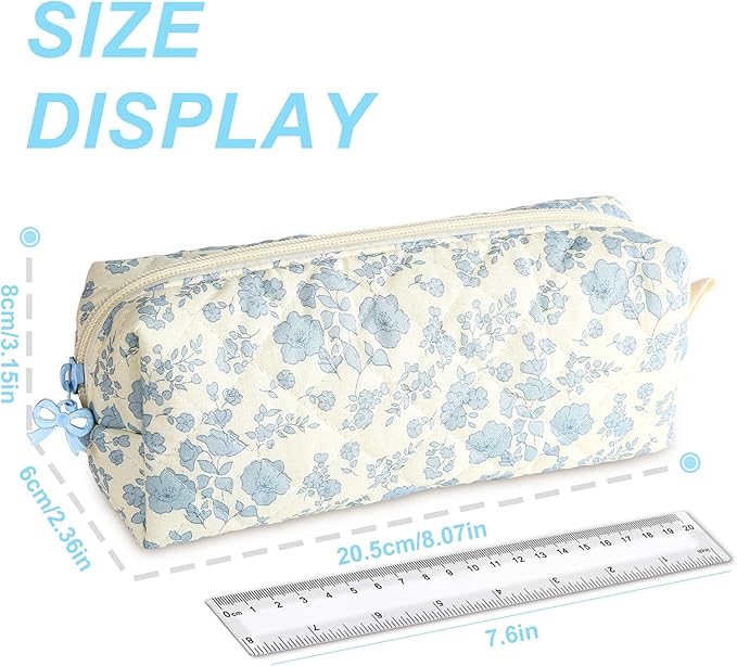 Cute Quilted Pencil Case for Girls Women, Aesthetic Small Floral Pencil Pouch,Slim Soft Pencil Bag for School Supplies Makeup Pouch for School & Daily Use (blue floral)