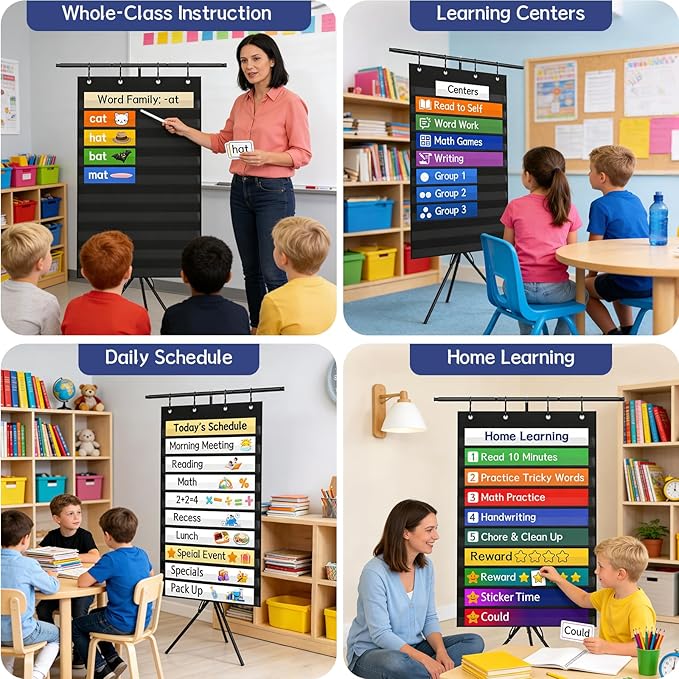 Pocket Chart Stand with Standard Pocket Chart, Height Adjustable Tripod Anchor Holder up to 62.99", 4 Anti-Drop S-Hooks, Teacher Supply Tray for Classroom & Homeschool