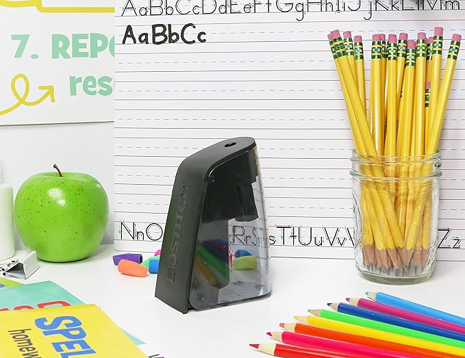 Bostitch Office Battery Pencil Sharpener, Hinged Tray, Colored Pencil Compatible, Black