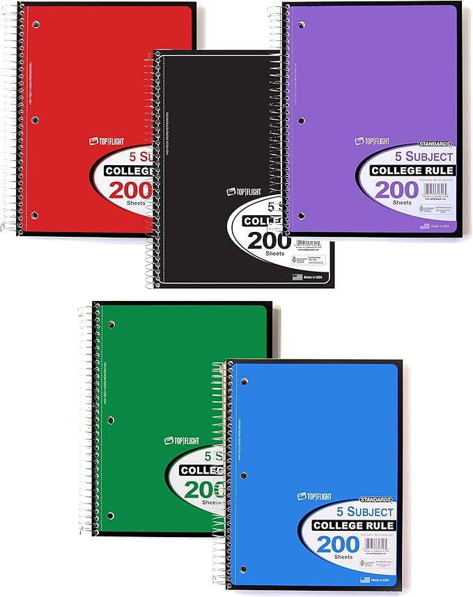 Top Flight Standards 5-Subject Wirebound Notebook, 200 Sheets, 3-Hole Punched, College Rule, 10.5 x 8 Inches, 1 Notebook, Color May Vary (31820)