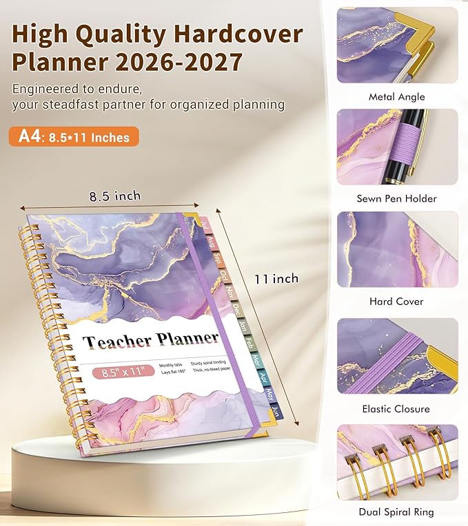 Teacher Planner 2026-2027, July 2026 - June 2027, Academic Weekly & Monthly Calendar Planner with Tabs, 8.5" x 11" A4 Teacher Lesson Plan Book with 7 Periods, Daily Agenda School Organizer for Teacher Student Homeschool, Pink Marble