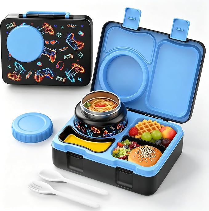 Kids Insulated Lunch Box with 8OZ Thermo Food Jar | Leakproof Bento Box with Ice Pack Sauce Cup Utensils Removable Tray & Dividers for School Daycare Travel, Game Controllers