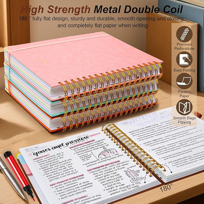 Hardcover Spiral Notebook 8.5"x11" Journal Notebook with Tabs and Removable Dividers 300 Pages 5 Subject Notebook College Ruled, Faux Leather Spiral Bound Notebook for Women School Work (Brown)