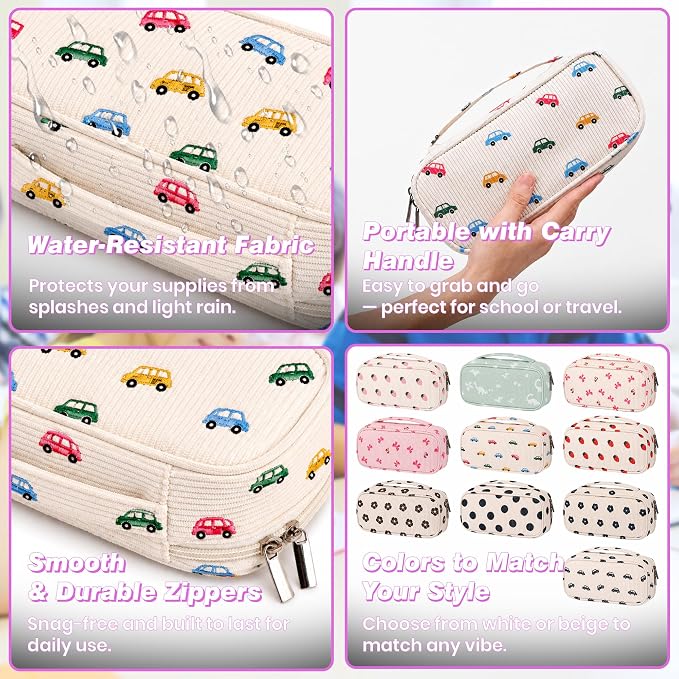 Big Capacity Pencil case,Soft Corduroy Pencil Bag,Cute Pen Case with Handle,5 Compartments, Wide Opening Pen Pouch Organizer for Teen Girls Women (Colorful Car)