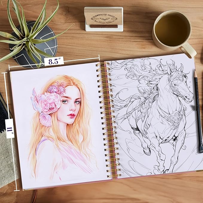Blank Spiral Notebook, Sketch Book, 8.5" x 11", 300 Pages Hardcover Leather Sketchbook, Large Unlined Notebook Journal for Women Men, No Bleed Thick Paper Sketchbook for Drawing, Pink Sketch Books