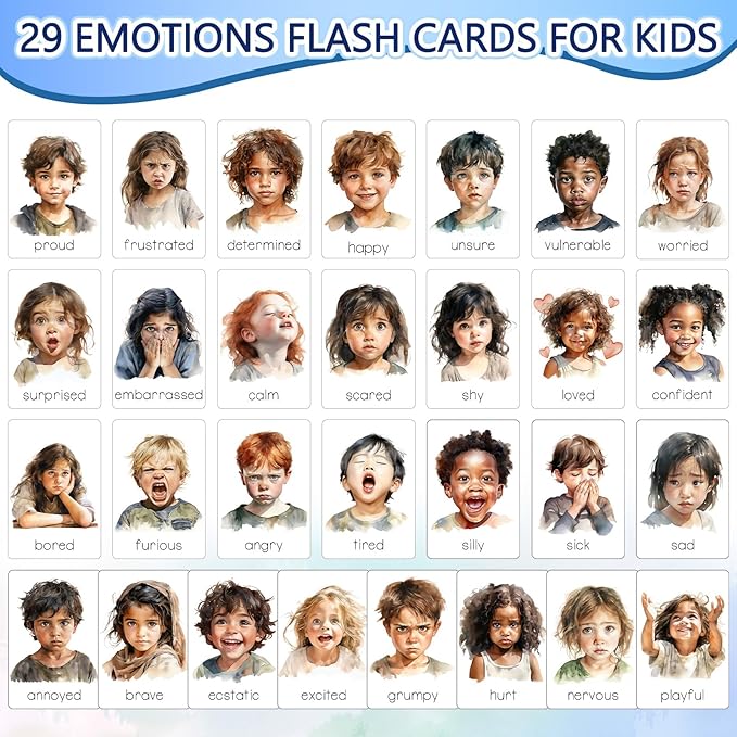 Foilswirl 29 Pcs Emotions Flashcards Feeling Photo Cards for Toddlers Kindergarten Preschool Prep Gouache Painting Emotion Aba Therapy Materials Back to School Birthday Gifts